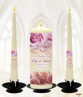 Rose Pink & Rings Wedding Candles (Ivory)
