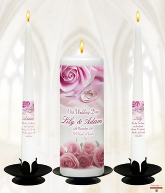 Rose Pink & Rings Wedding Candles (White)