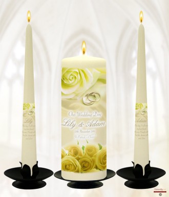 Rose Yellow & Rings Wedding Candles (Ivory)