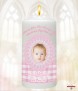 Booties Lace and Gingham Pink Photo Christening Candle (White/Ivory) - Click to Zoom
