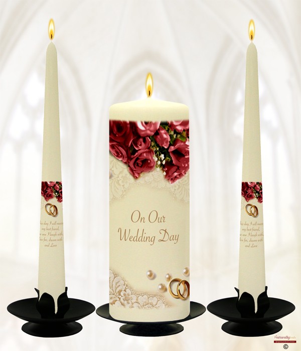 Pearl, Rings & Maroon Roses - Gold script Wedding Candles
