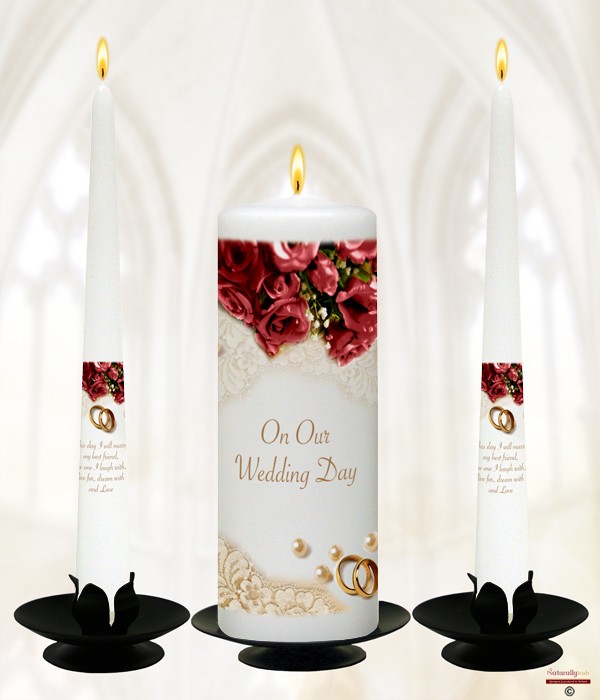 Pearl, Rings & Maroon Roses - Gold script Wedding Candles