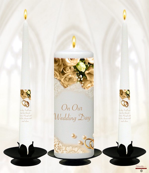 Pearl, Rings & Cream Roses  - Wedding Candle Set