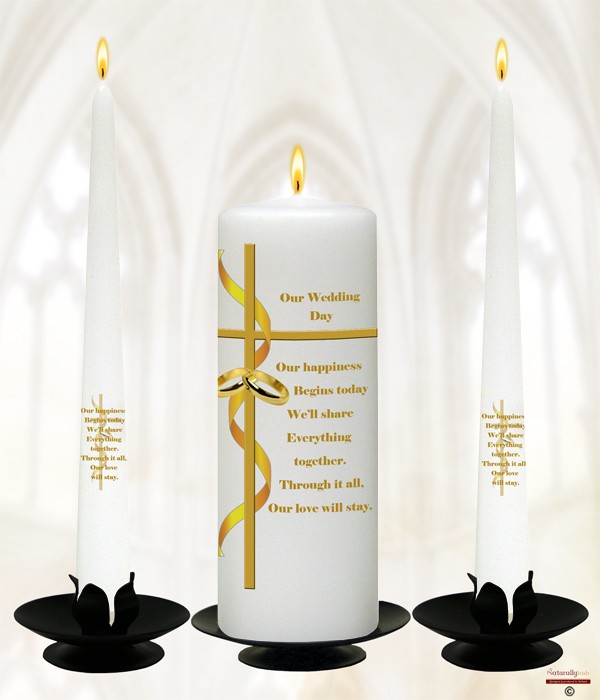 Rings, Ribbons & Cross - Gold script Wedding Candles
