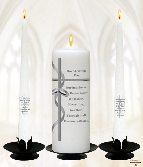 Rings, Ribbons & Cross  - Silver script Wedding Candles
