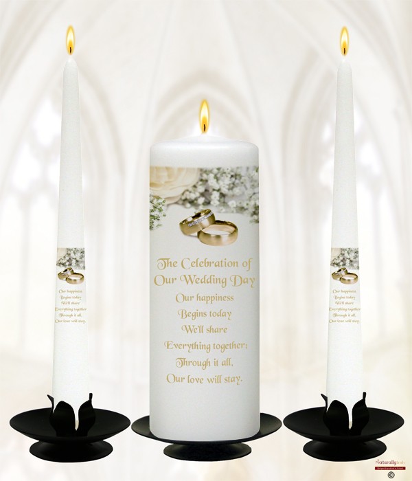White Flowers and Rings Gold on White Wedding Candle Set
