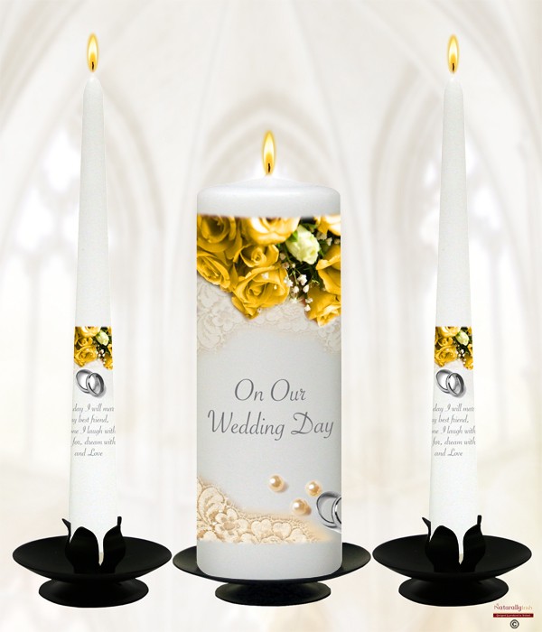 Pearl, Rings and Sunflower Roses Silver on White Wedding Candle Set