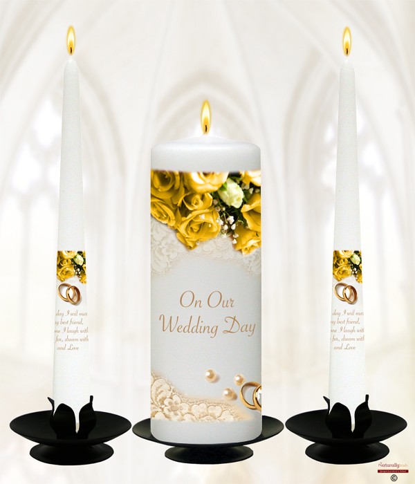 Pearl, Rings and Sunflower Roses Gold on White Wedding Candle Set