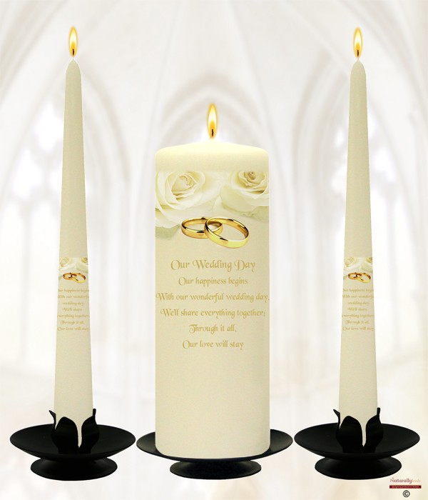 Rose and Gold Rings on Ivory Wedding Candle Set