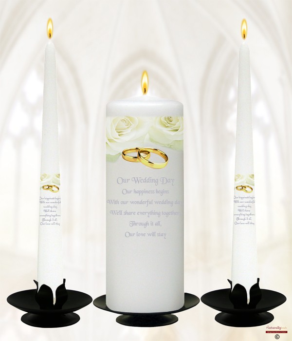 Rose and Gold Rings with Silver on White Wedding Candle Set