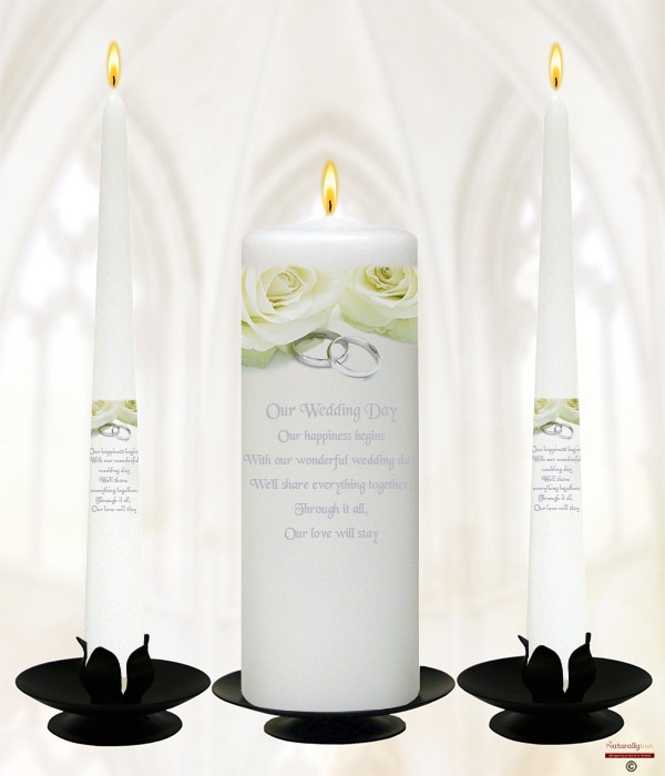 Rose and Silver Rings on White Wedding Candle Set