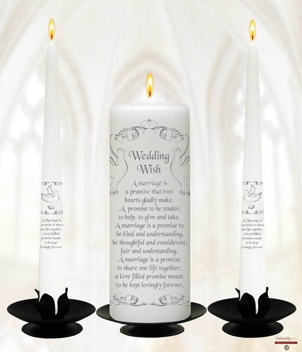 Wedding Wish Silver on White Wedding Candle Set