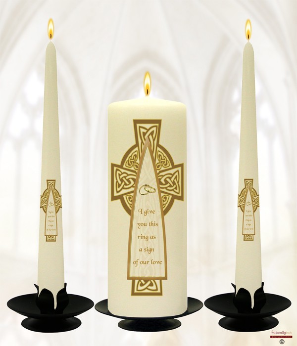 Celtic Cross Gold on Ivory Wedding Candle Set
