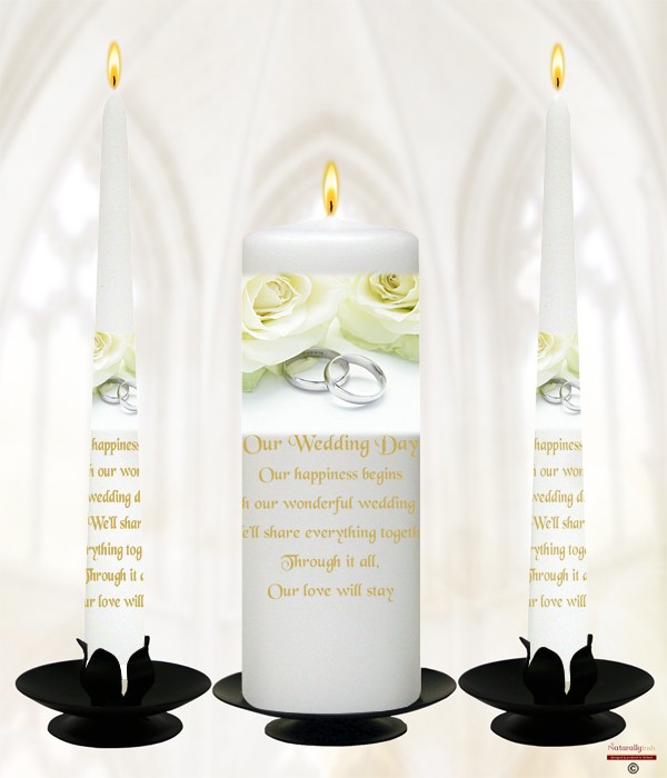 Rose and Silver Rings with Gold on White Wedding Candle Set