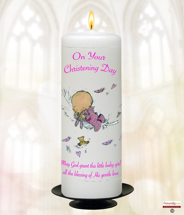 Feather Baby Girl Christening Candle