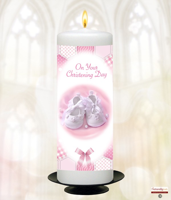 Dots and Ribbons Booties Pink Christening Candle