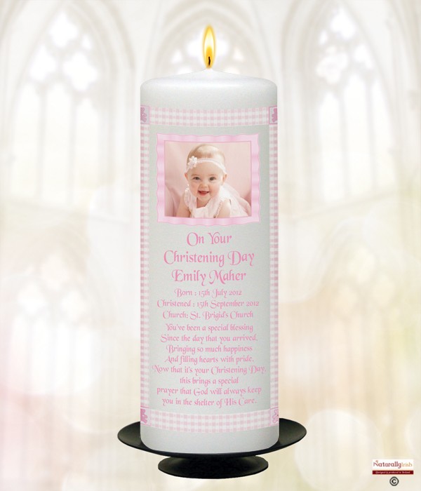 Gingham Feet Pink Photo Christening Candle