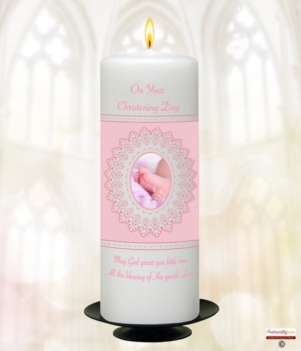 Lace and Feet Pink Christening Candle
