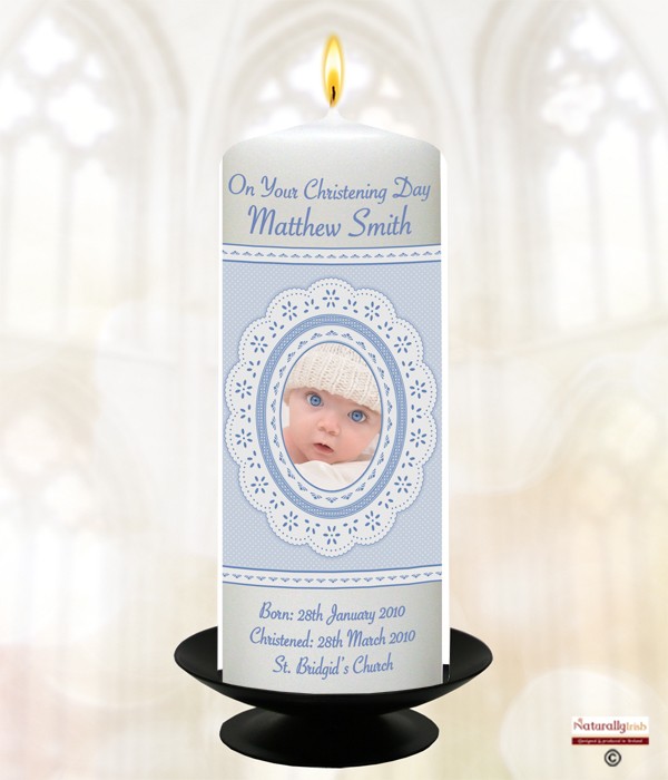 Lace and Photo Blue Christening Candle