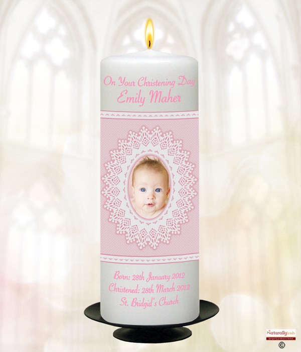 Lace and Photo Pink Christening Candle