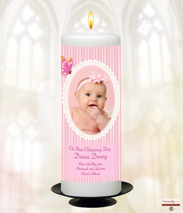 Butterfly and Photo Pink Christening Candle