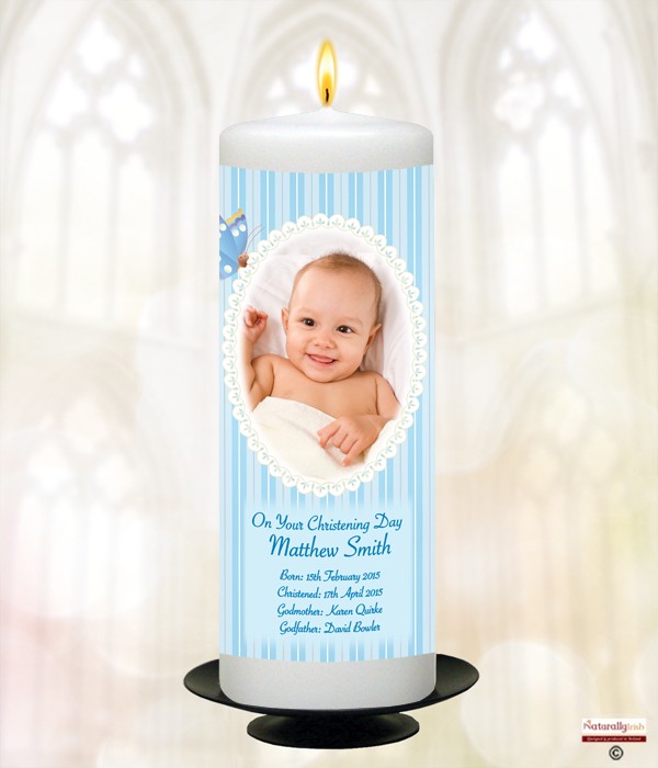 Butterfly and Photo Blue Christening Candle