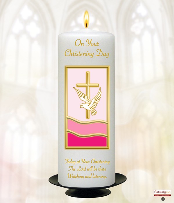 Dove, Cross & Water Pink Christening Candle