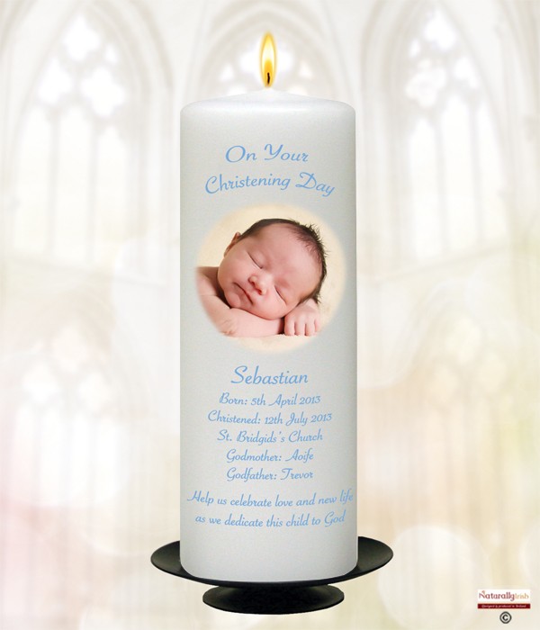 Flying Dove & Photo Blue Christening Candle