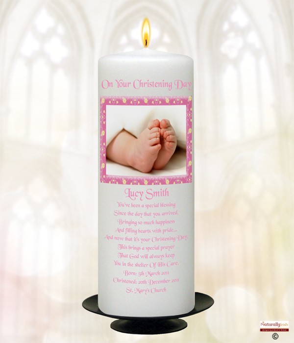 Elegant Frame and Feet Pink Christening Candle