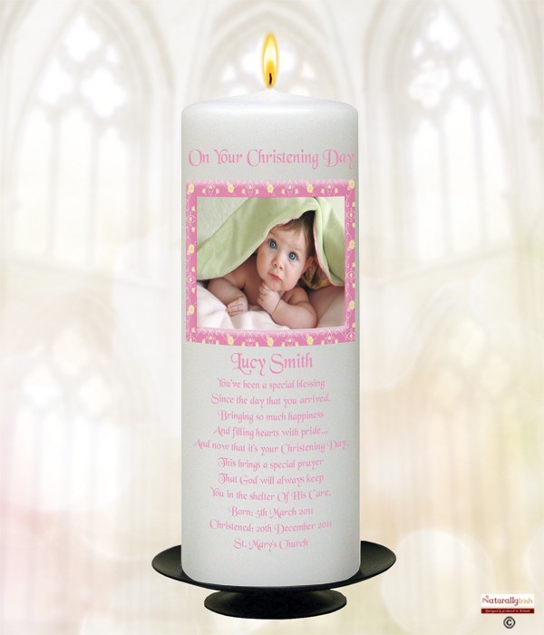 Elegant Frame and Photo Pink Christening Candle