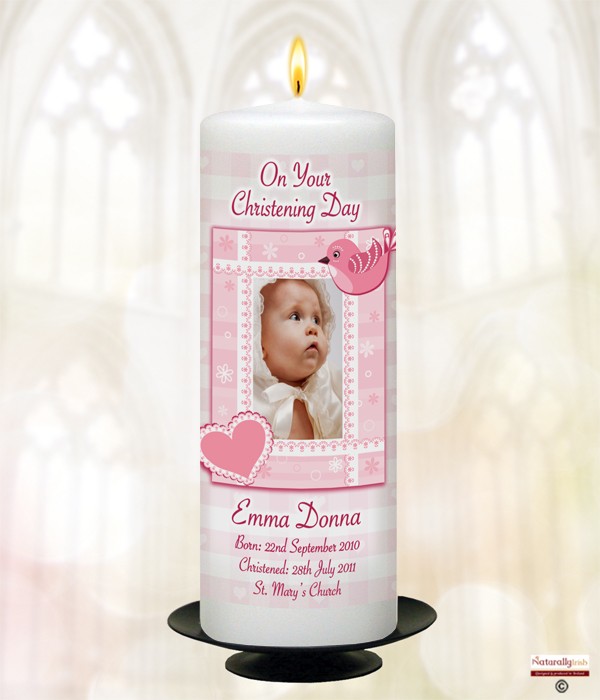 Heart Bird and Photo Girl Christening Candle