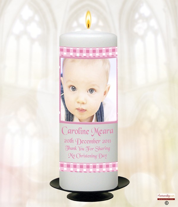 Flower Gingham and Photo Girl Christening Candle