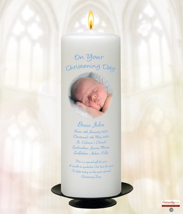 Mother and Child Photo Blue Christening Candle