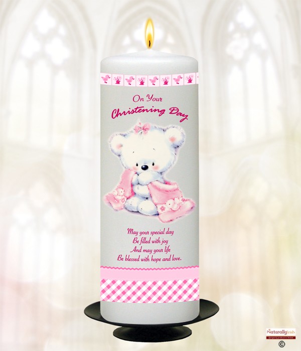 Hush Teddy Pink Christening Candle