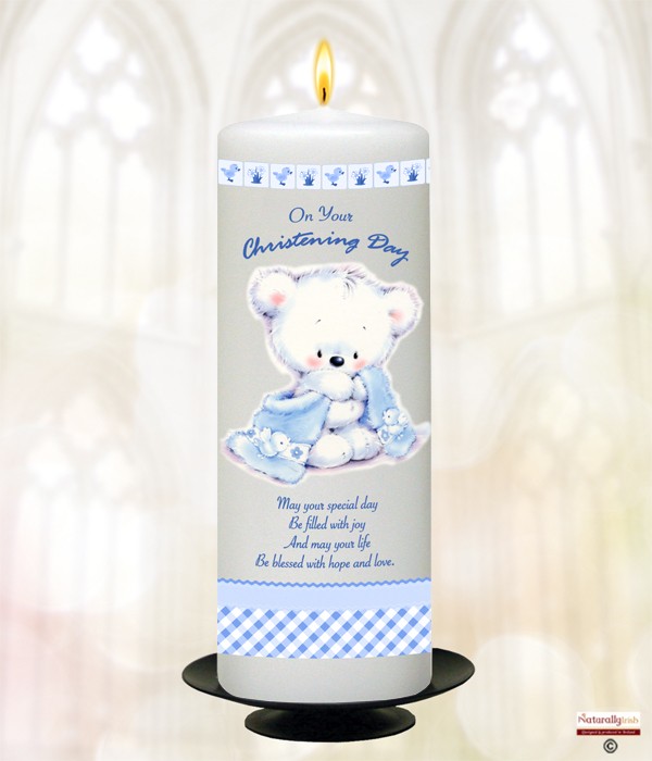 Hush Teddy Blue Christening Candle