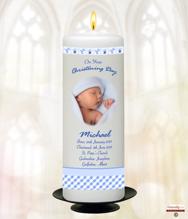 Hush Teddy Blue and Photo Christening Candle