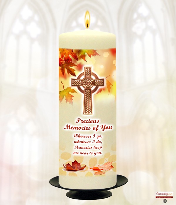 Celtic Cross & Autumn Leaves Remembrance Candle