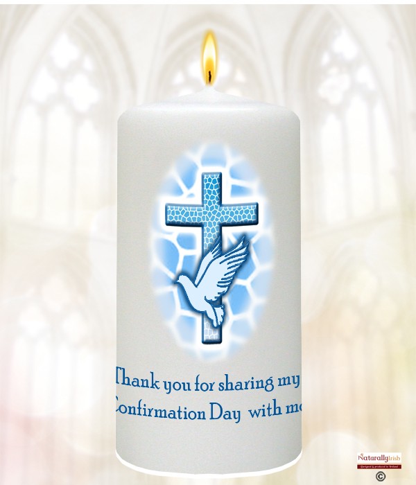 Cross and Dove Blue Confirmation Candle » Naturally Irish