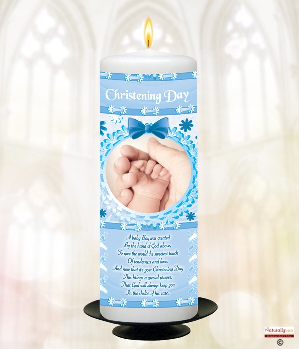 Flower Bow & Hands Blue Christening Candle