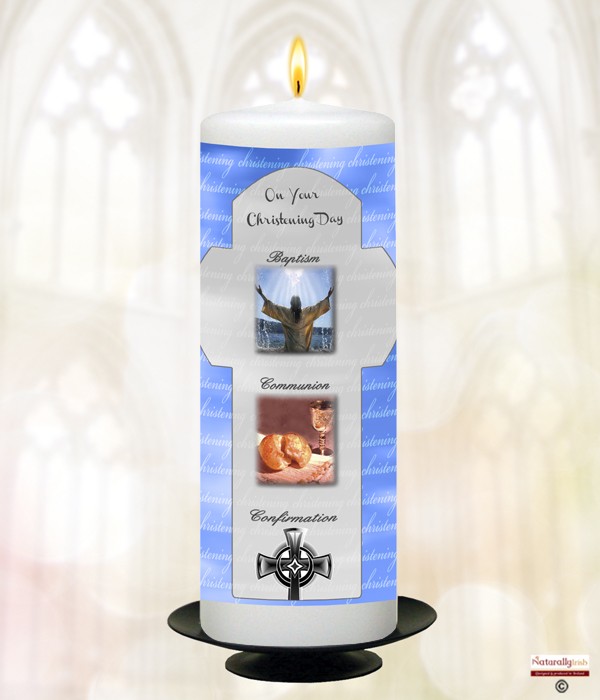 BCC Three Sacrements Blue Christening Candle