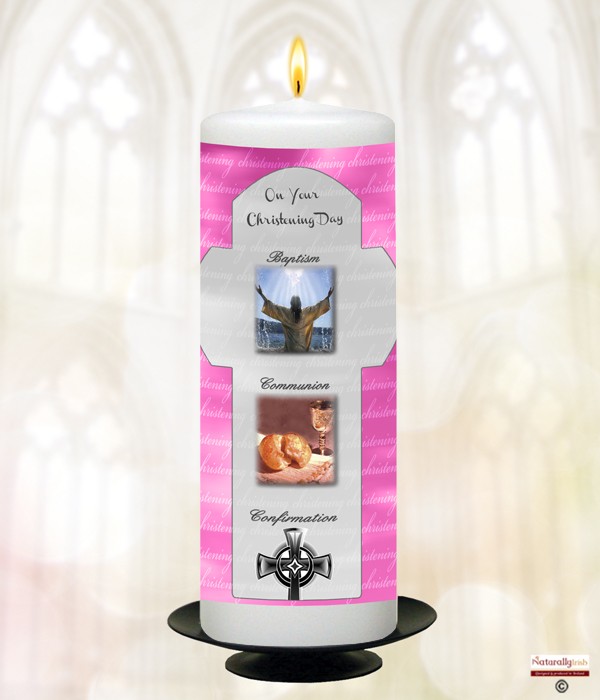 BCC Three Sacrements Pink Christening Candle