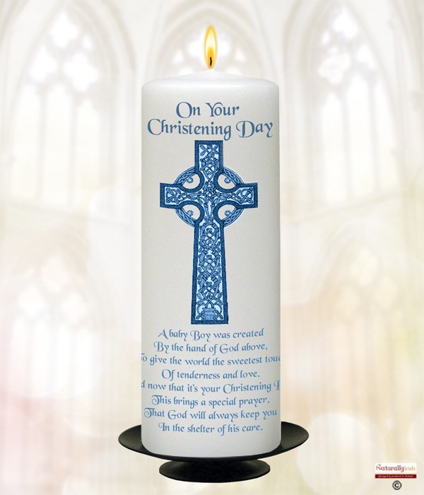 Celtic Cross Blue Christening Candle