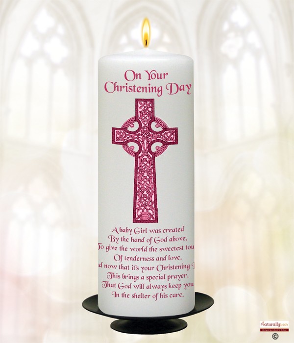 Celtic Cross Pink Christening Candle