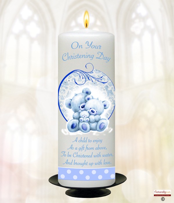 Baby Teddy Blue Christening Candle