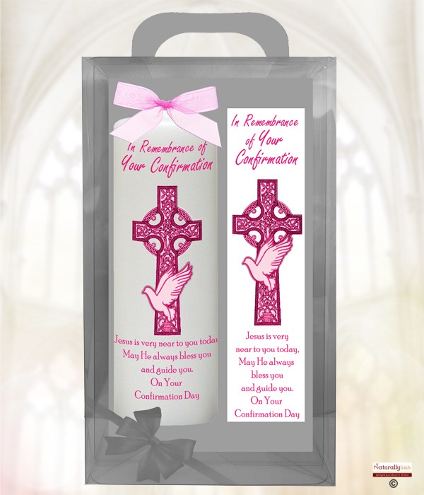 Pink Celtic Dove & Cross Confirmation Candle