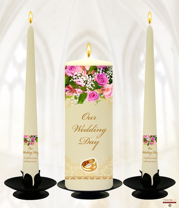 Lace Gold Rings & Pink Roses Wedding Candles
