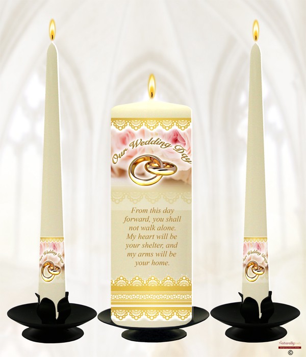 Gold Rings & Pale Pink Roses Wedding Candles