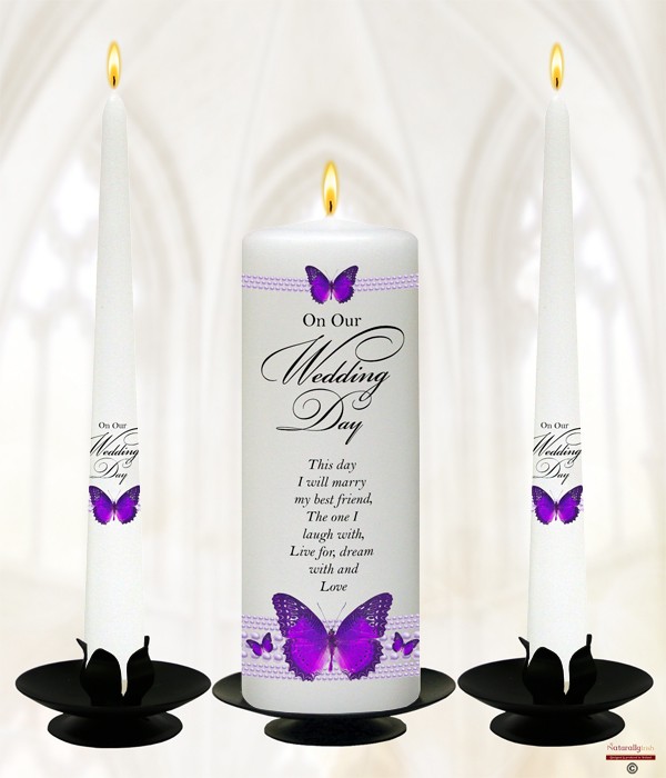 Butterflies & Pearls Purple Wedding Candles