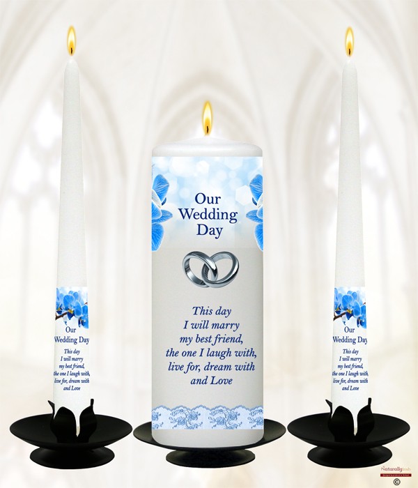 Blue Orchids & Silver Rings Wedding Candles