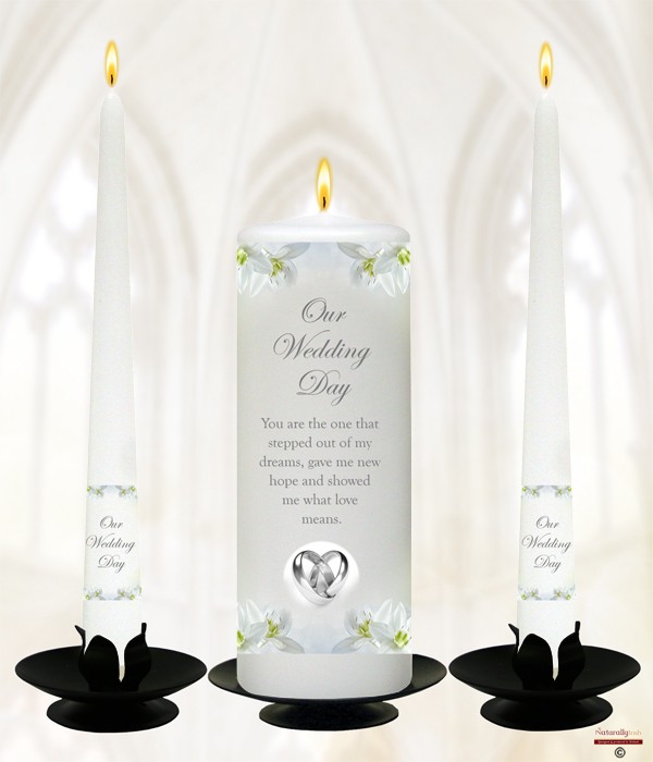 Orchids & Entwined Rings Silver Wedding Candles
